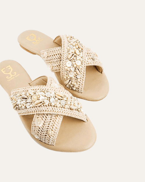 Rafia Criss-Cross Slides with Hand Embroidery, White Sands