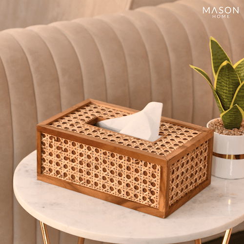 Rattan and Wood Tissue Box in Brown, Manila