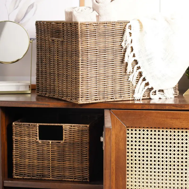 Resin Wicker Utility Baskets in Natural Brown, Set of 2 (Color Available)
