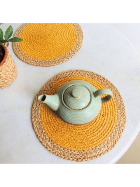 Round Jute Dining Mats in Yellow, Set of 2