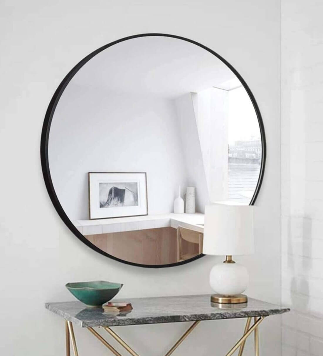 Round Wall Mirror with Black Frame By CasaGold