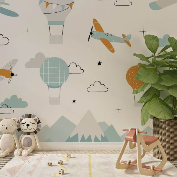 Scandinavian Wall Paper with Mountains & Airplanes