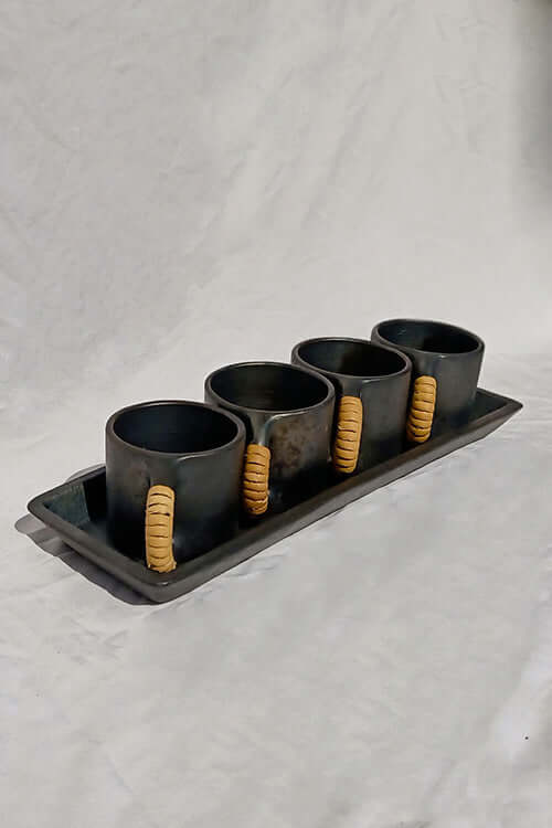 Serpentinite Stone and Special Brown Clay Pottery Mugs & Tray Set, in Black