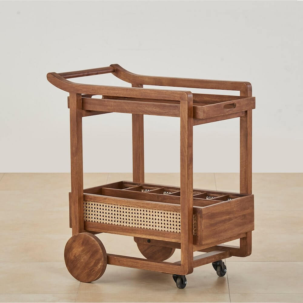 Serving Trolley in Solid Wood and Cane Decor