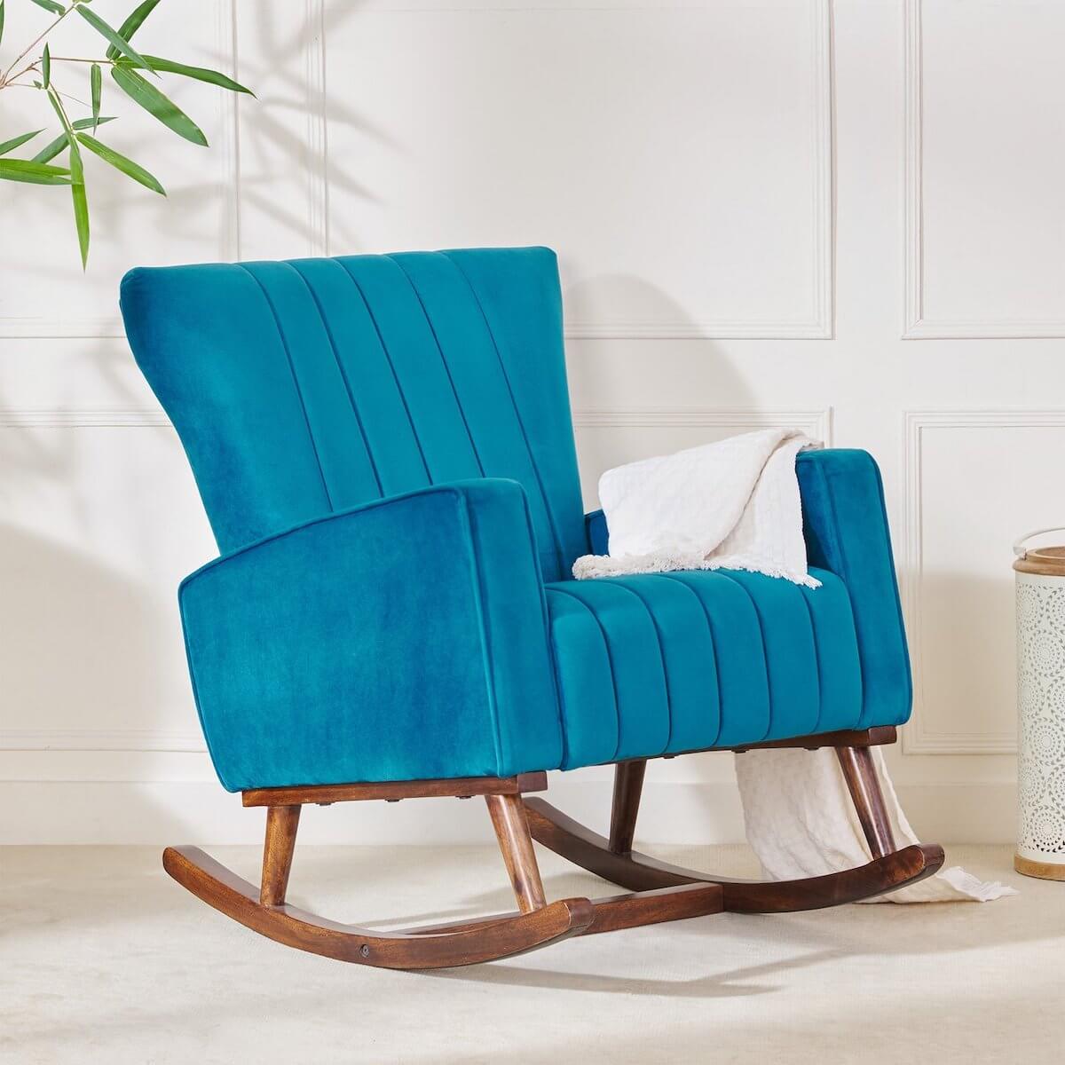 Sheesham Wood, Velvet Upholstery Rocking Chair in Teal, Albus