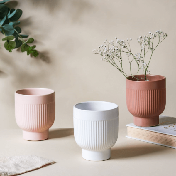 Small, Ribbed Ceramic Vase, White