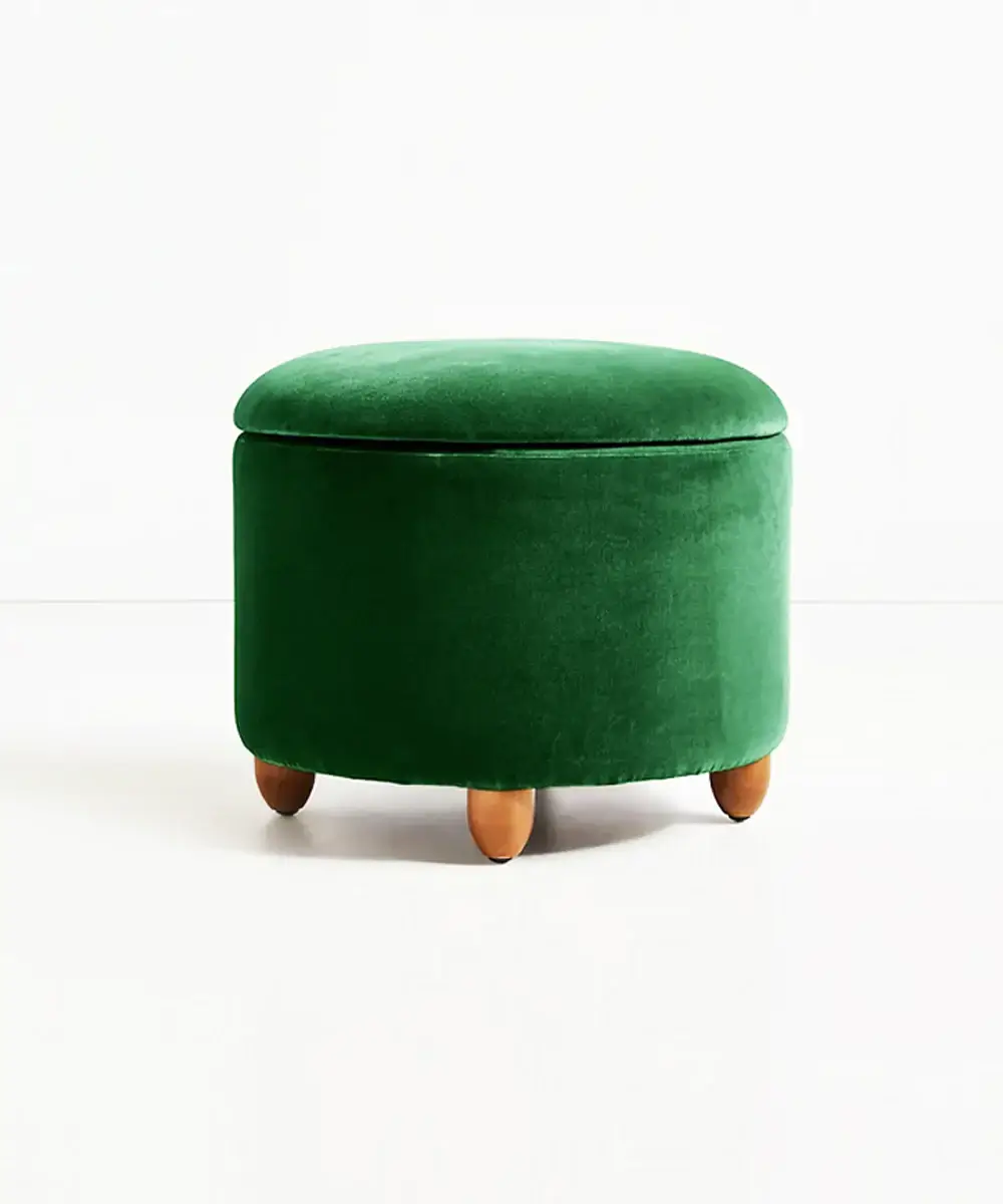 Soft Velvet, Teak Wood and Raw Finish Wood Frame Pouffe in Emerald (with Storage)