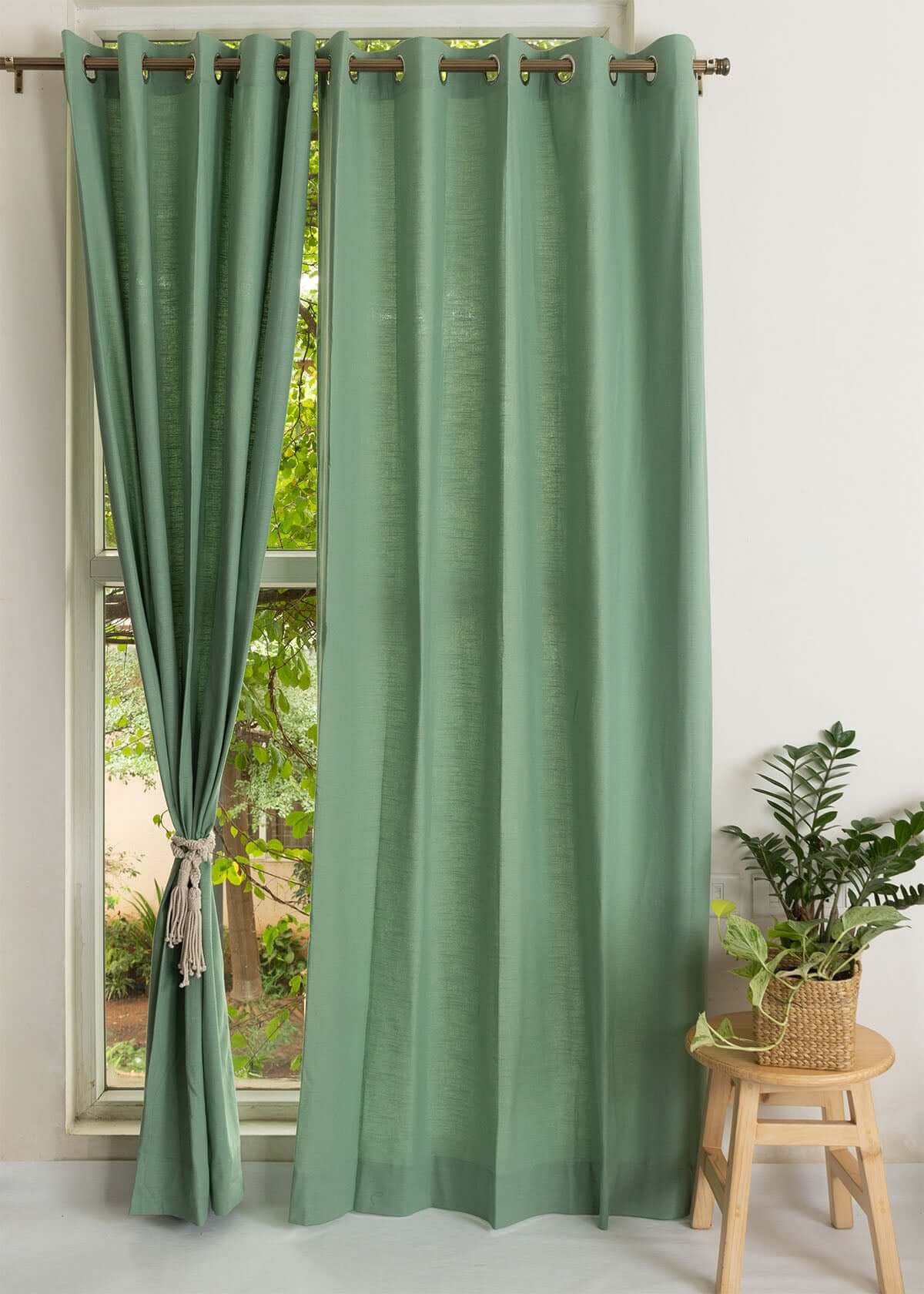 Solid Cotton Curtain in Sage Green, Single, Customisable Size