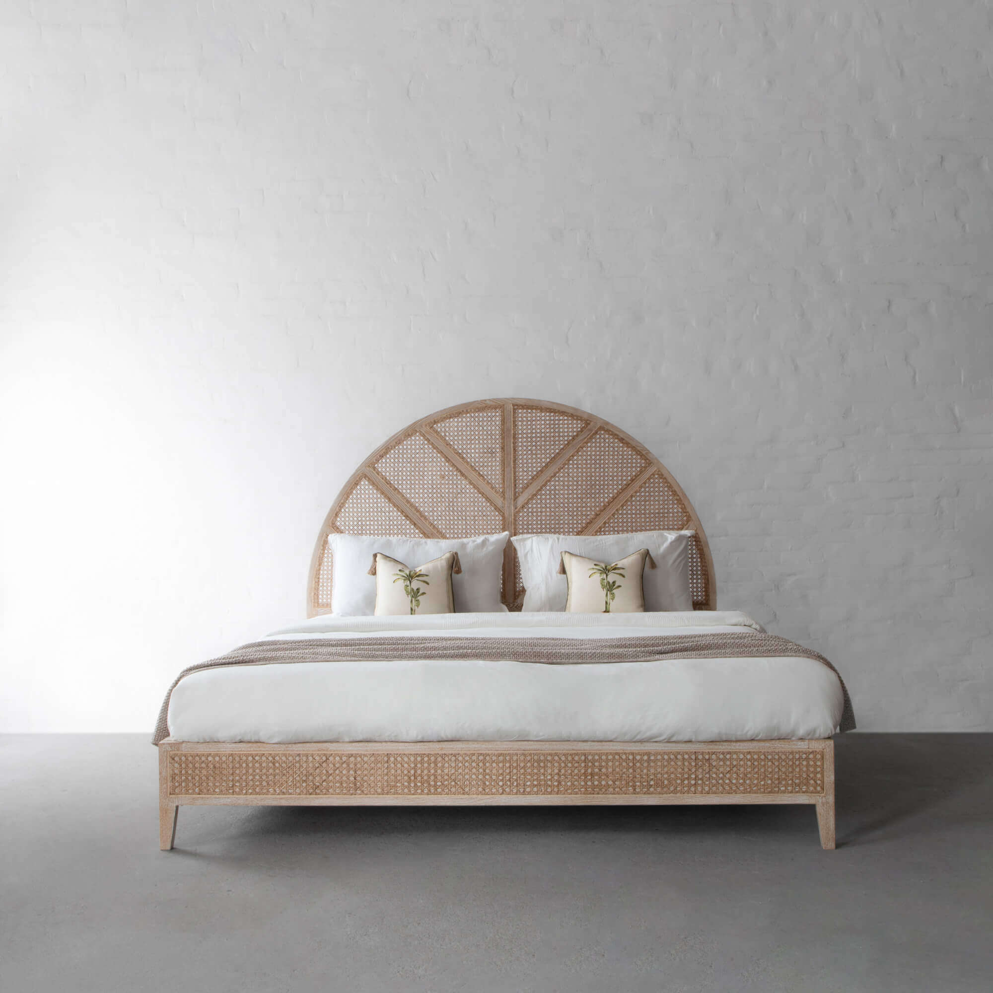 Solid Wood Bed with Natural Rattan Headboard, Province