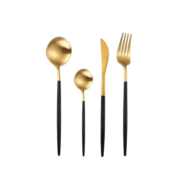 Stainless Steel, Gold and Black Flatware Cutlery Set of 4