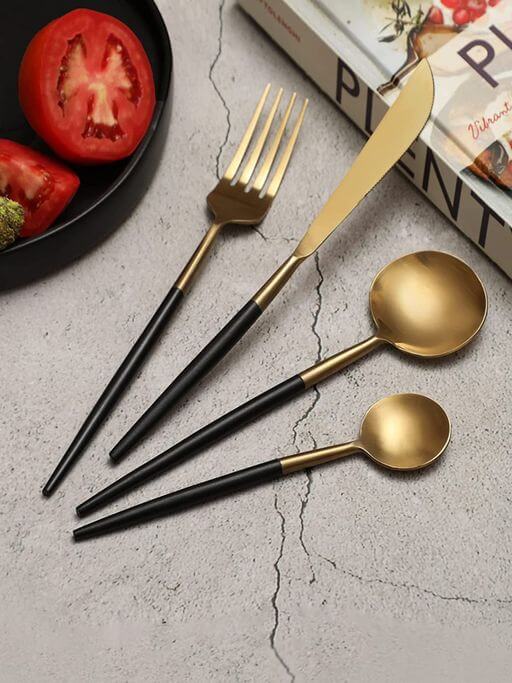 Stainless Steel, Gold and Powder Black Cutlery Set of 4