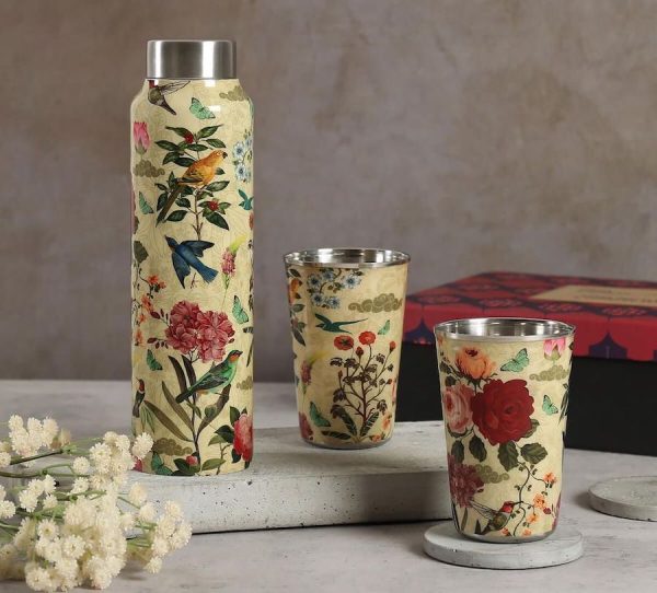 Stainless Steel Set with 1 Bottle and 2 Tumblers, Bird Land