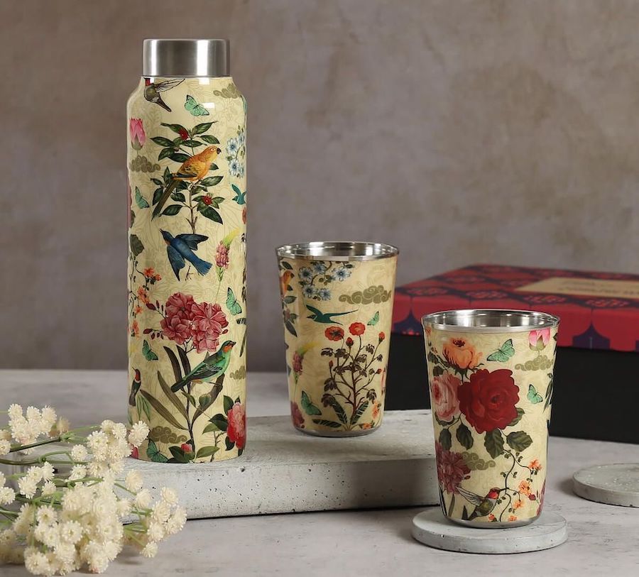 Stainless Steel Set with 1 Bottle and 2 Tumblers, Bird Land