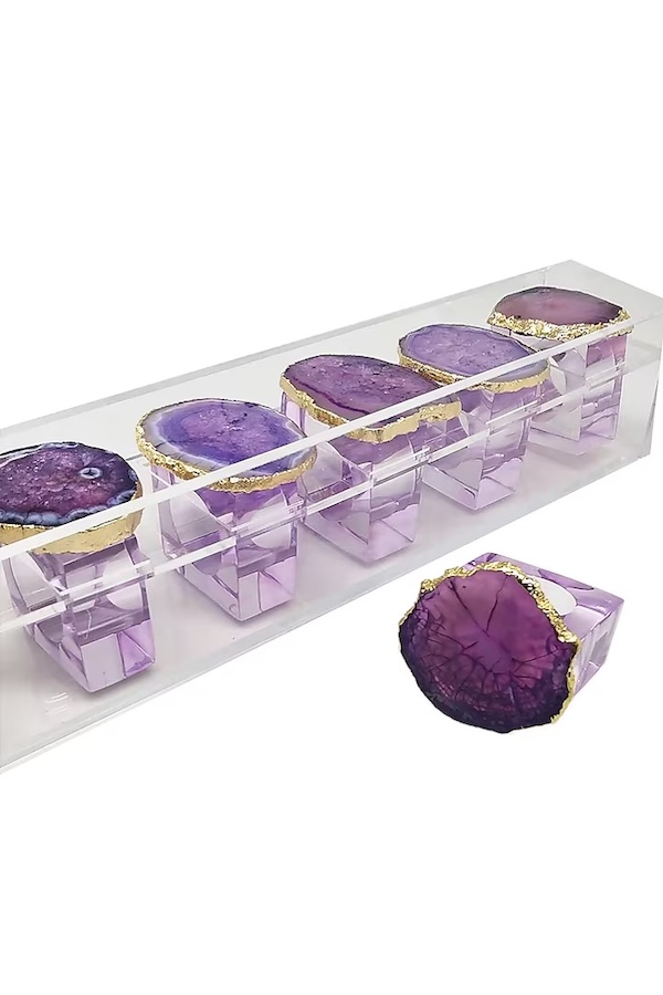 Stone and Lucite Napkin Rings in Purple, Set of 6