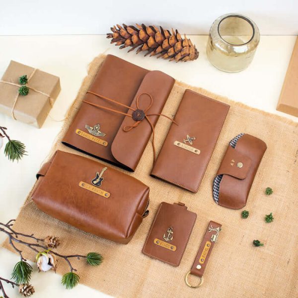 Synthetic Leather, Personalised Hamper with Travel Essentials (Diary, Wallet, Pouch, Luggage Tag, Keychain) in Tan