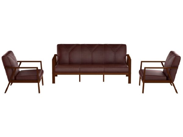 Synthetic Leather & Wood, 5-Seater Sofa Set in Dark Brown, Tropical