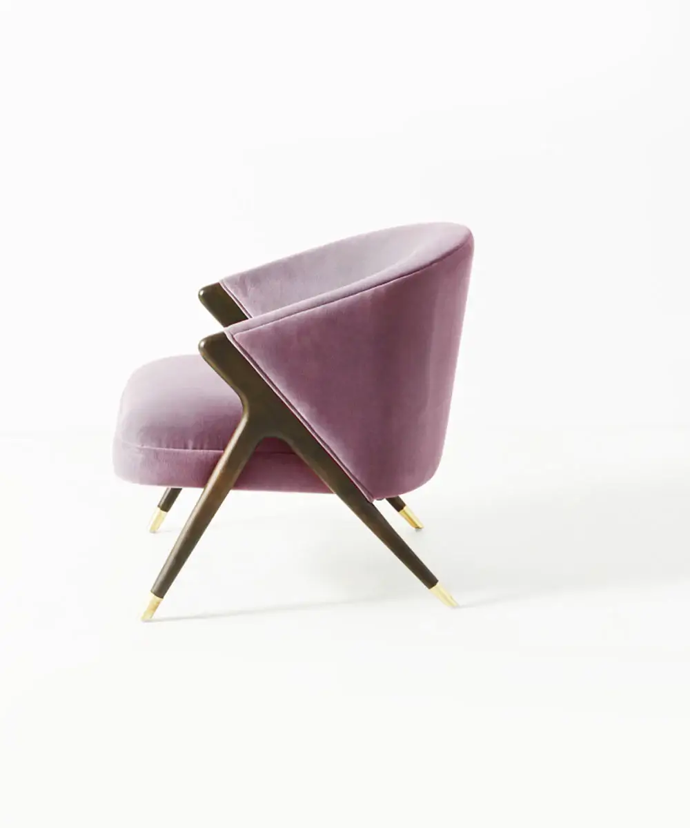Teak Wood, Foam and Velvet Lilac Upholstered Cross-Over Chair