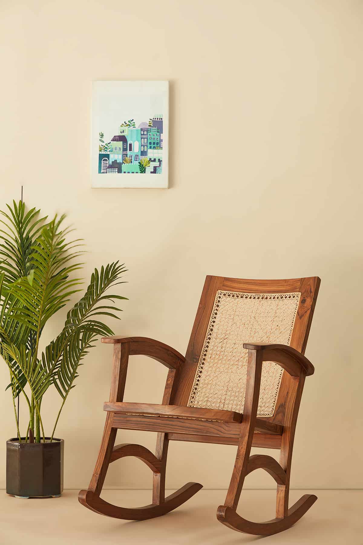 Teak Wood and Wicker Rocking ArmChair, Medium Finish (Customisable Colors)