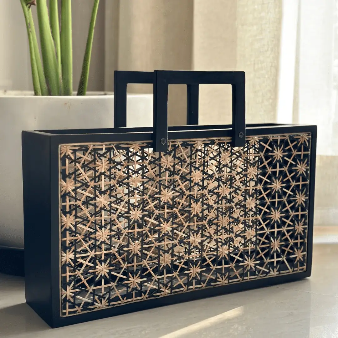 Teakwood & Cane Weaving Magazine Holder, Zaila