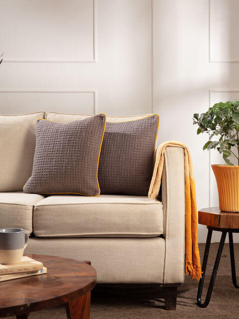 Textured Cotton Cushion Covers with Yellow Piping, Ayden Set of 2