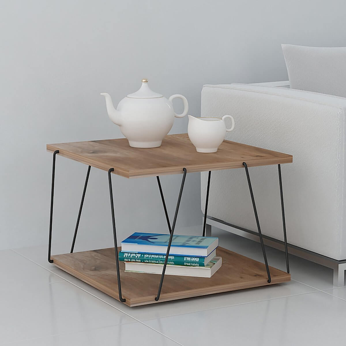 Two-Shelved End Table in Wood and Metal, Brown, Helios Clara