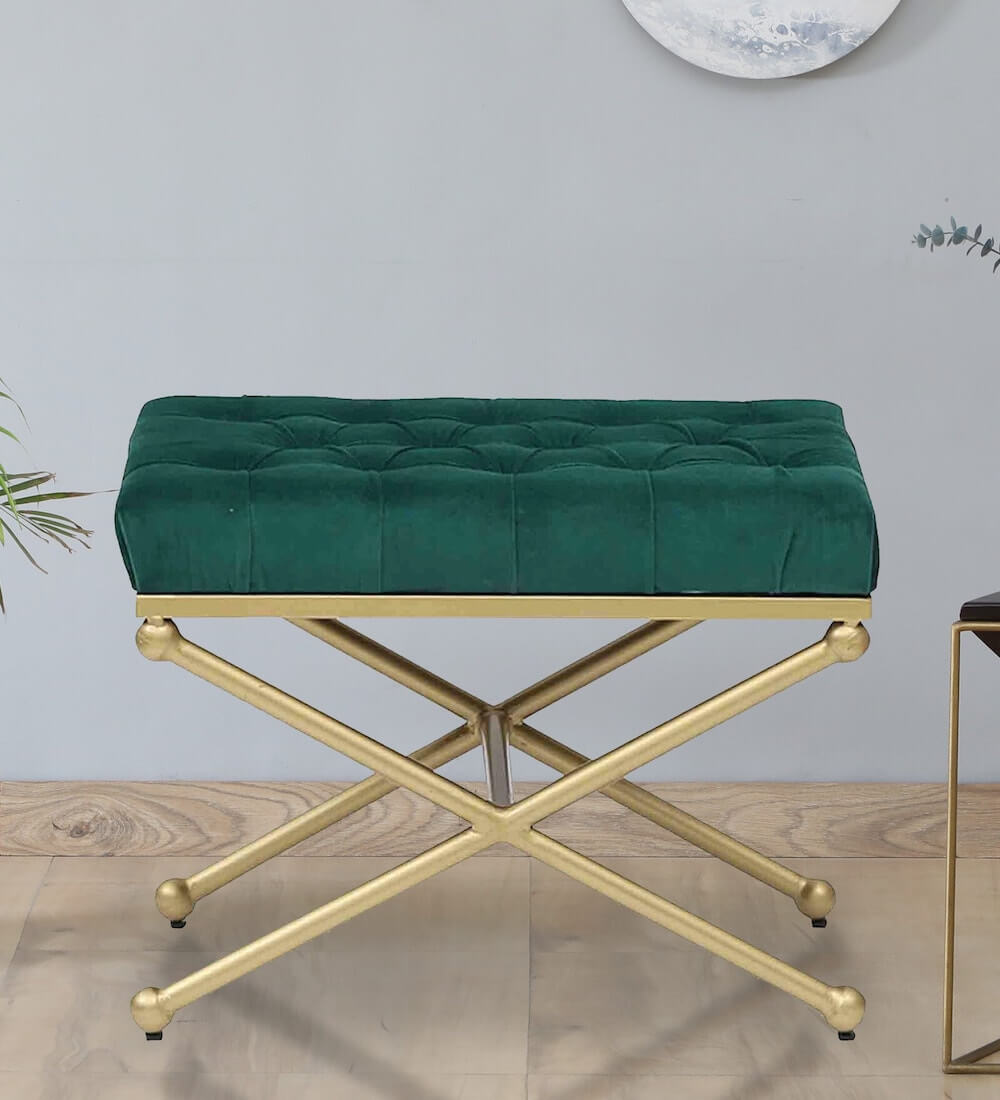 Upholstered Seating Stool made with Hickory Metal, Green By Bohemiana