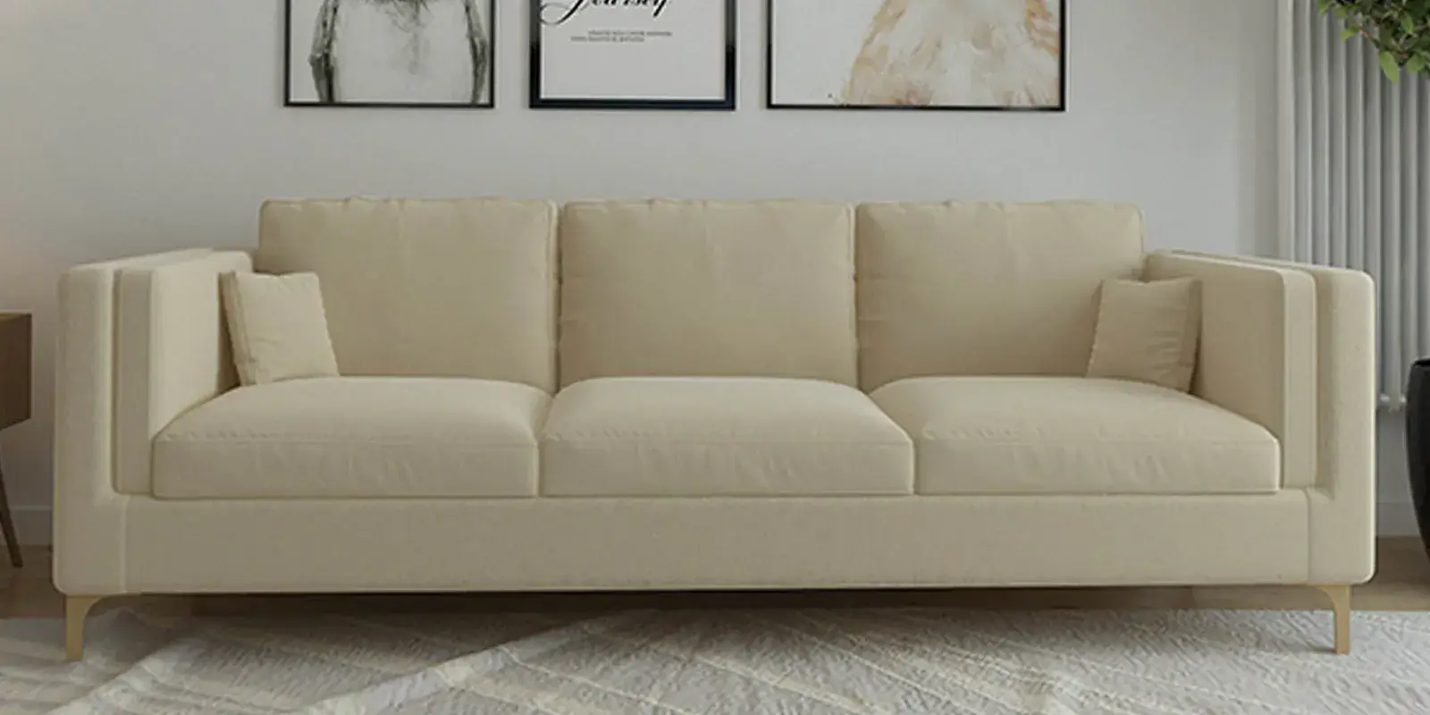 Velvet, Sal Wood and Comm Plywood 3-Seater Sofa in Bone White Color