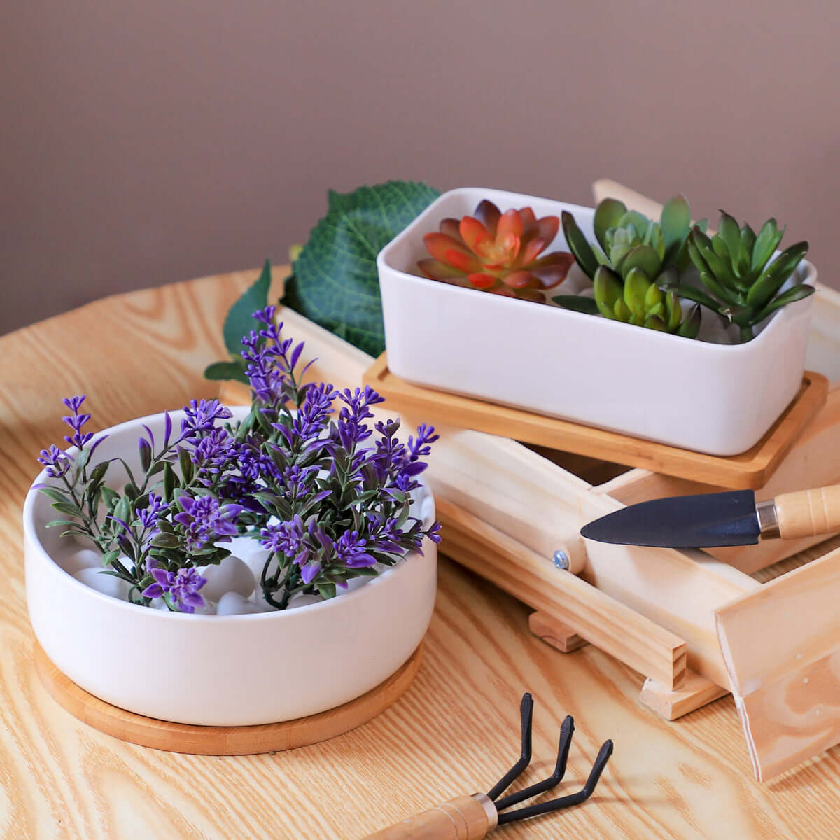 White Plant Pot with Wooden Base