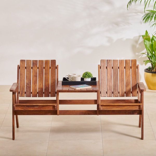 Wood 2-Seater with Attached Table Garden Chair, Jack and Jill