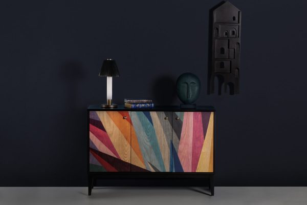 Wood Cabinet with Geometric Shapes & Kaleidoscopic colors