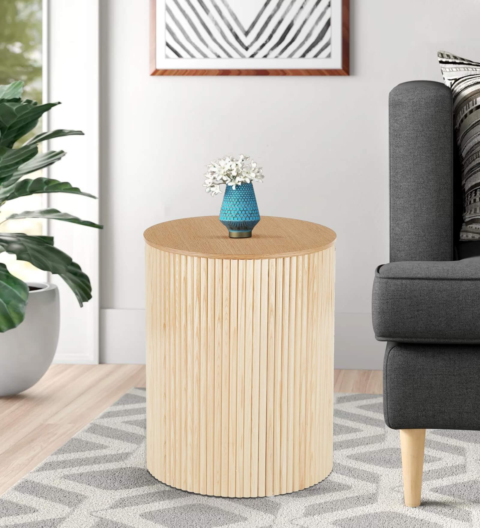 Wood End Table with Storage in Natural Finish, Euro