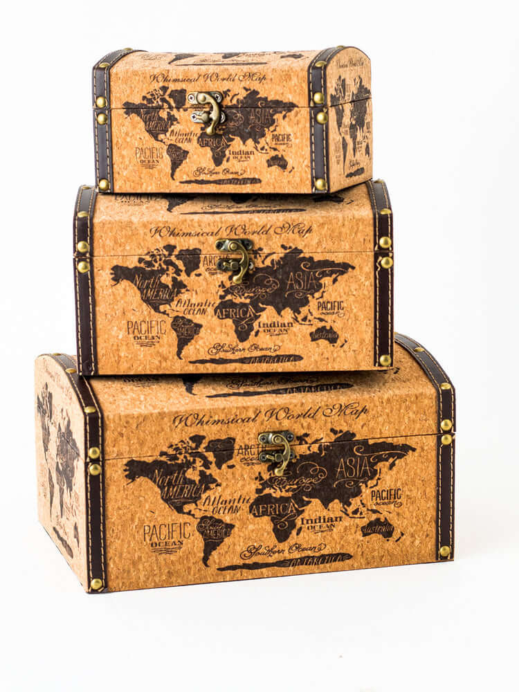 Wood Storage Boxes with Map Design, Set of 3