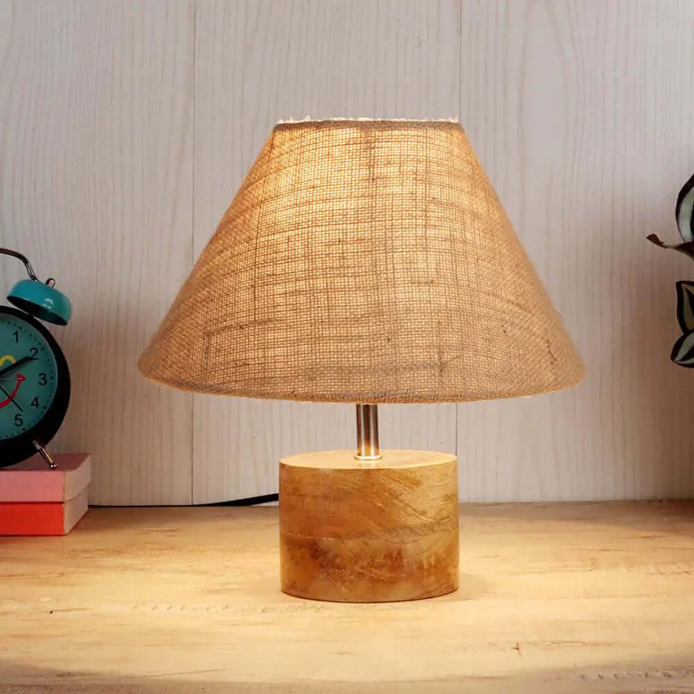 Wood Table Lamp with Conical Jute Shade, Beige