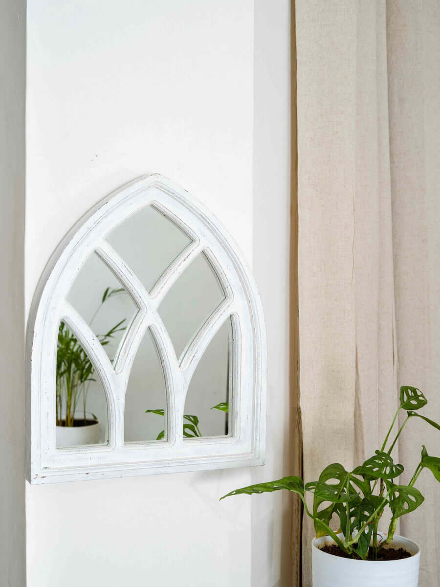 Wood, Triangular Window Frame Mirror with White Chalk Paint (and Sealed with Varnish)