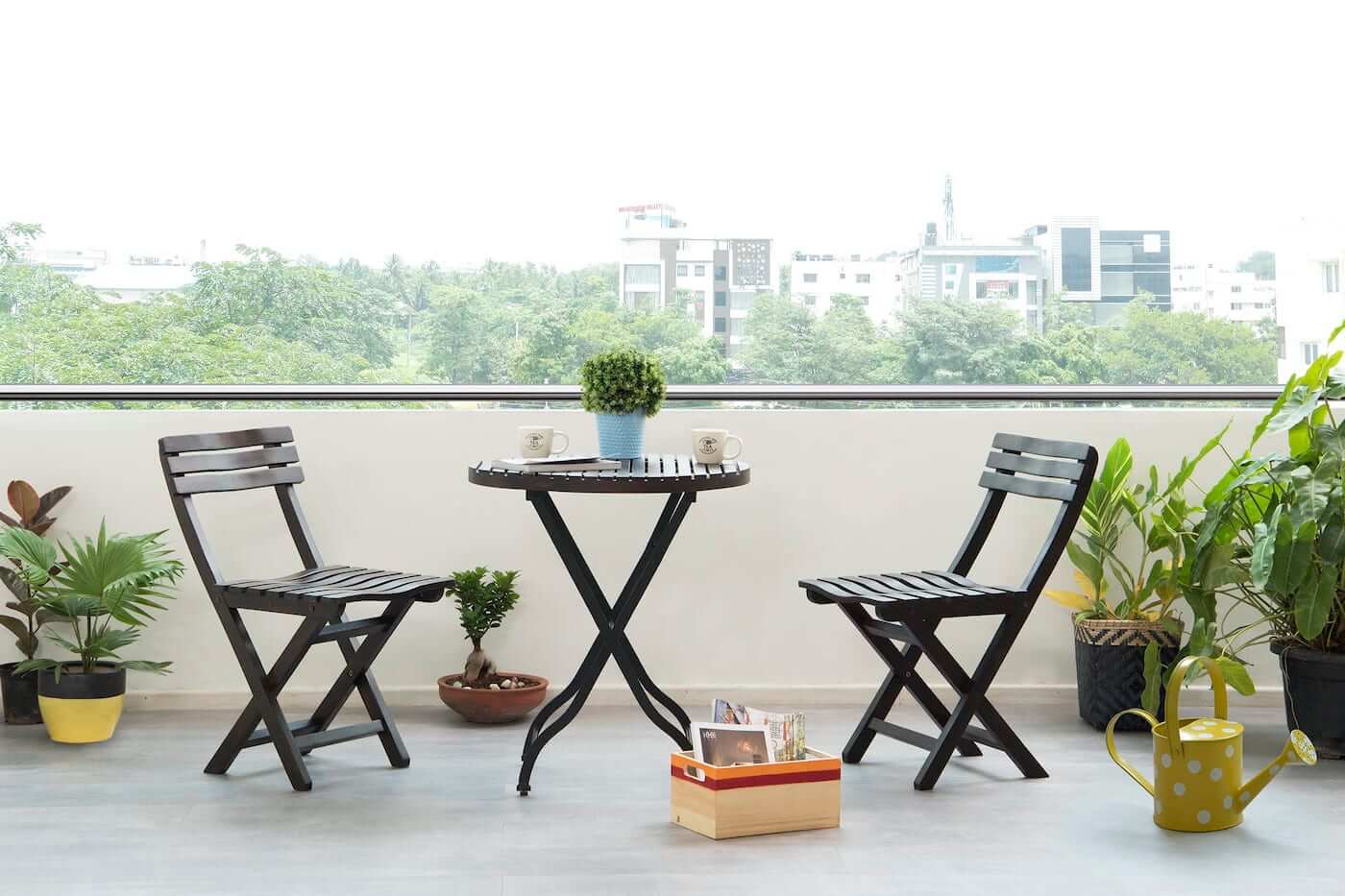 Wood and Metal Balcony Set with 1 Foldable Table and 1 Foldable Chair, My Happy Balcony