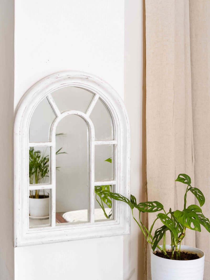 Wooden Arched Vintage Mirror in White, Handmade and Hand-Painted