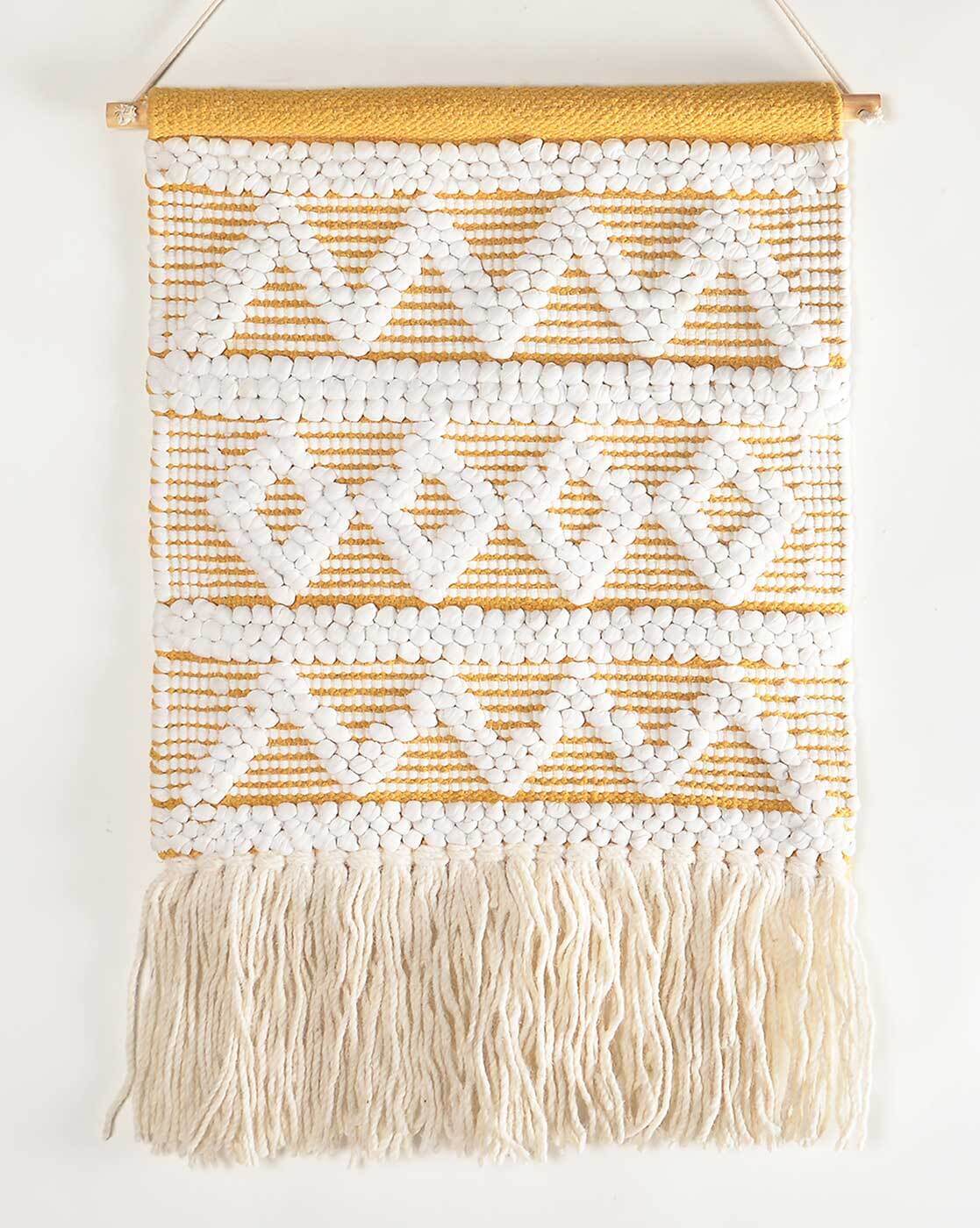 Yellow Handwoven Geometric Fringed Wall Hanging, Wool