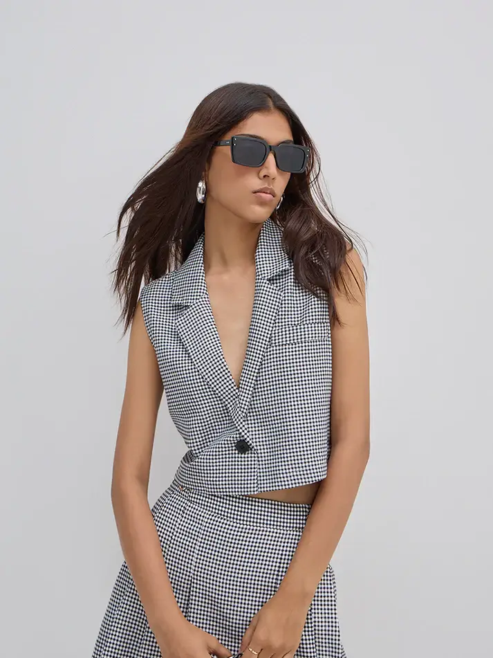 Black Checkered Waistcoat-Style Top by Nuon