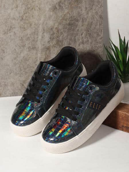 Black Textured Lace-Ups Women Sneakers by ELLE