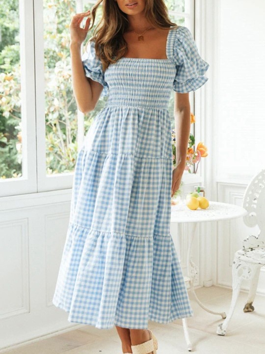 Checked Puff Sleeve Fit & Flare Midi Dress by Bebe