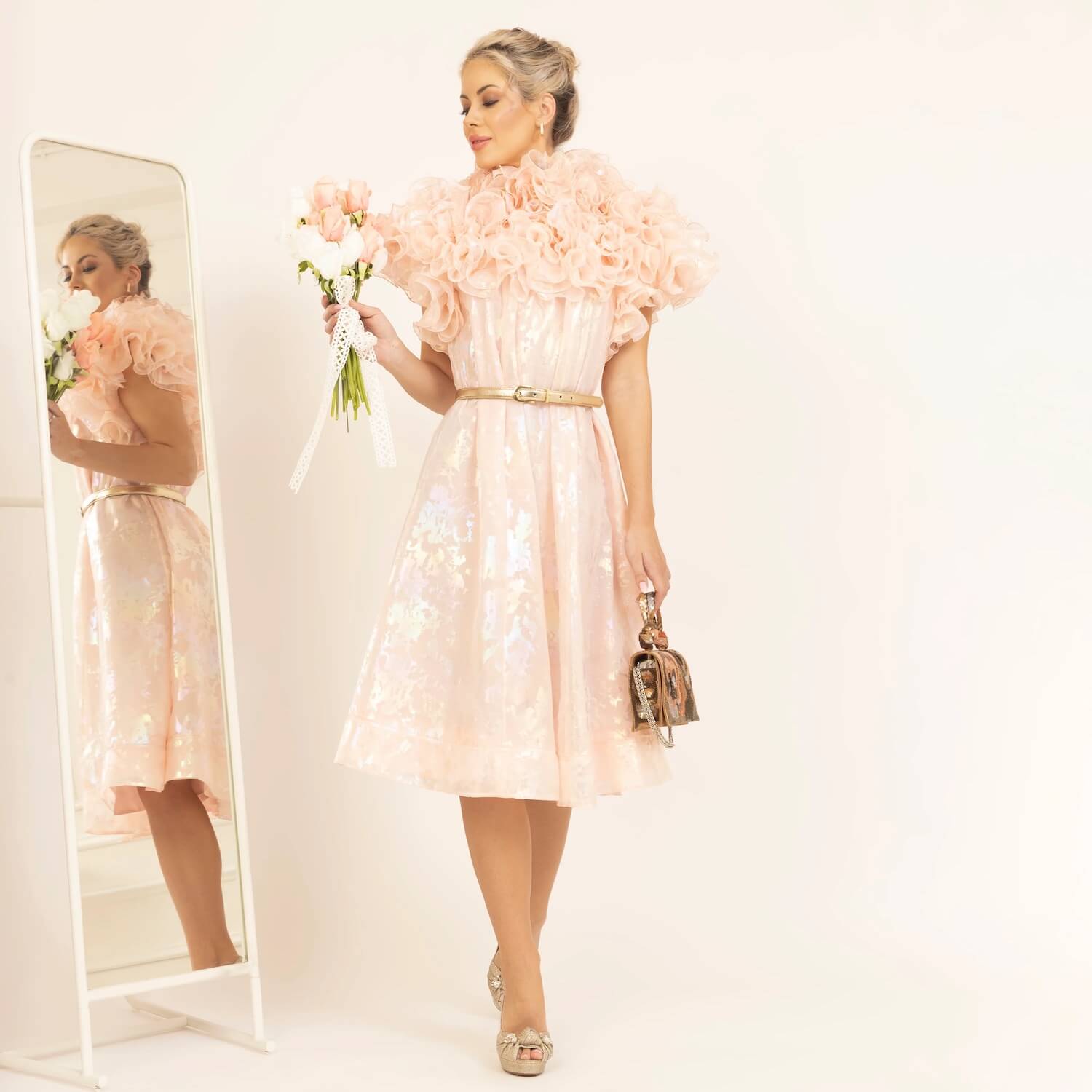 Light Pink Holographic Print Organza Frill Dress