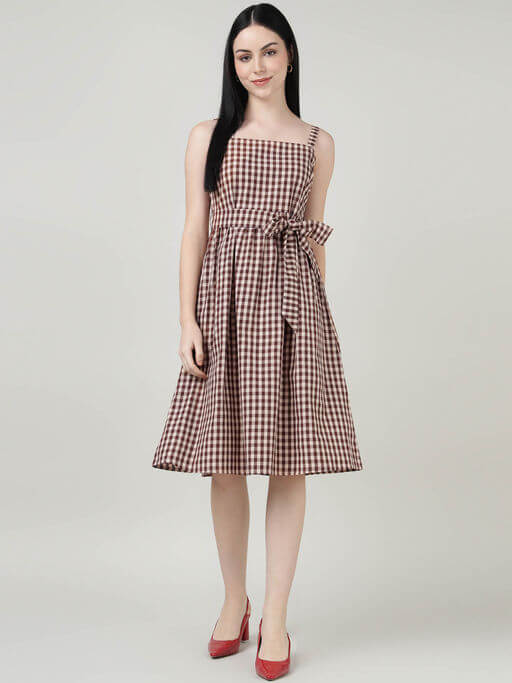 Maroon Checks Strap A Line Knee Length Dress with Belt (Set of 2) by Sands of India