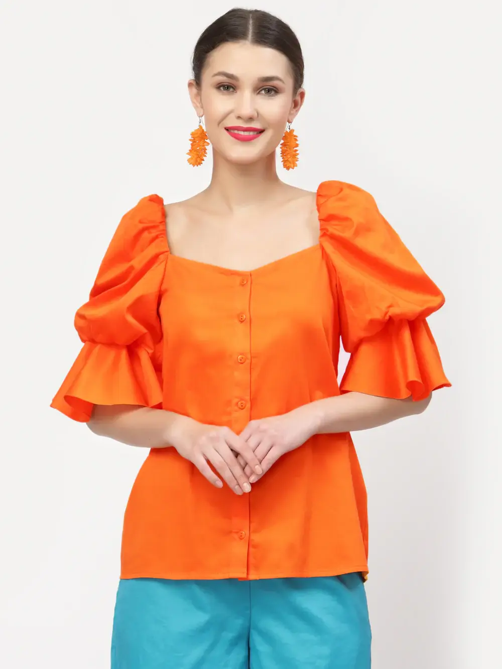 Orange Cotton Top With Puff Sleeves