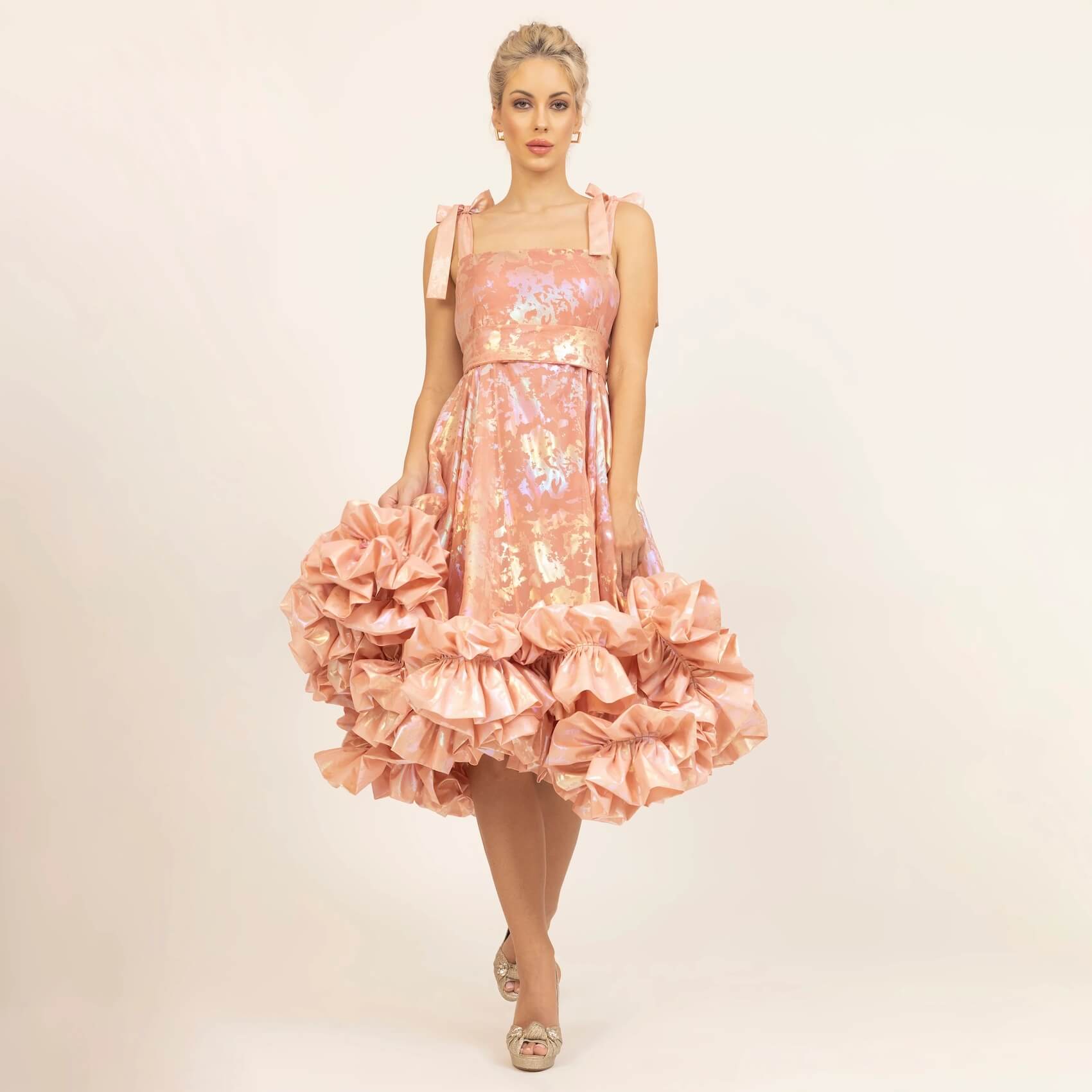 Peach Organza Holographic Without Sleeves Ruffle Dress