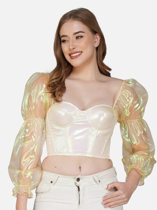 Sweetheart Neck Puff Sleeves Sheen Crop Fitted Top by Bunny Corset