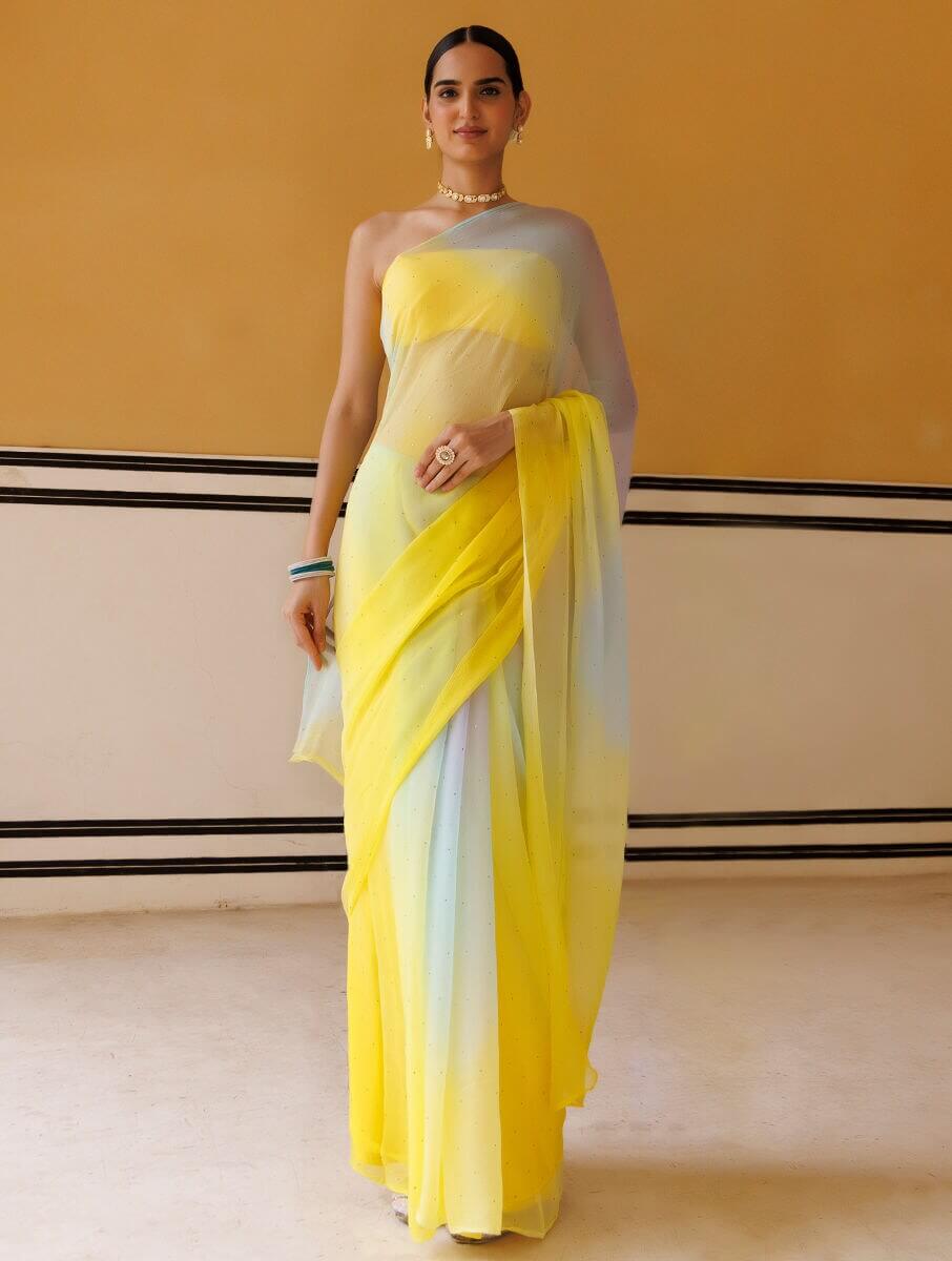 Yellow Chiffon Abstract Mukaish Saree by Geroo Jaipur