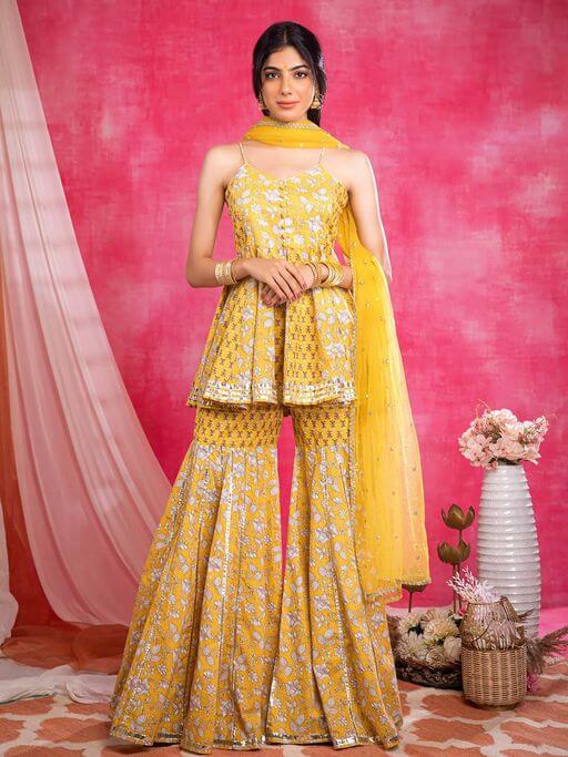 Yellow Cotton Jaipuri Printed Kurta with Sharara and Dupatta (Set of 3) by Aadveka