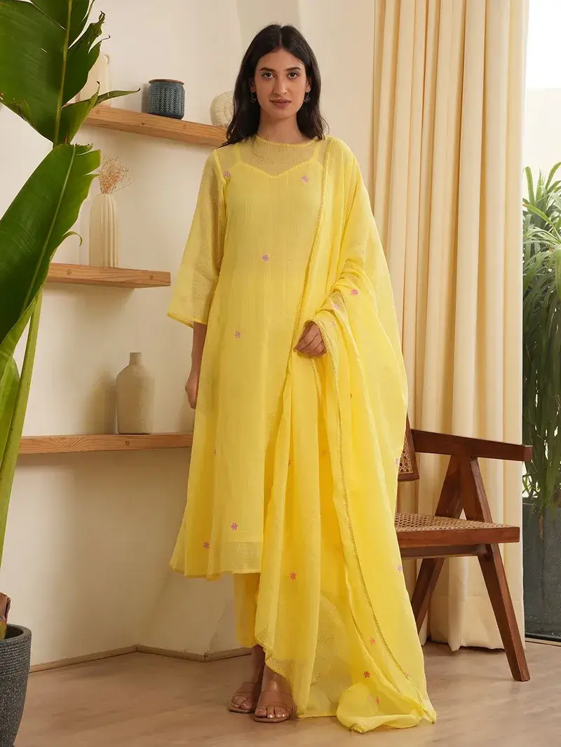 Yellow Embroidered Kota Doria Suit- Set of 3