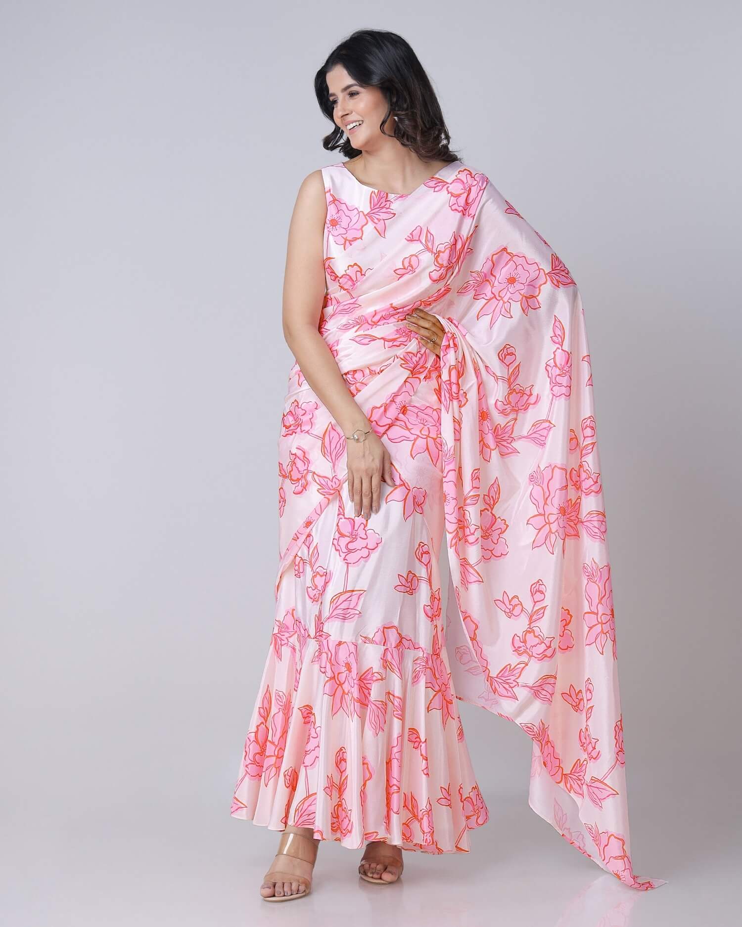 Beautiful White And Pink Floral Pre-Draped Gown Saree For Festive Season (You get 2 pieces - Gown and Drape!)