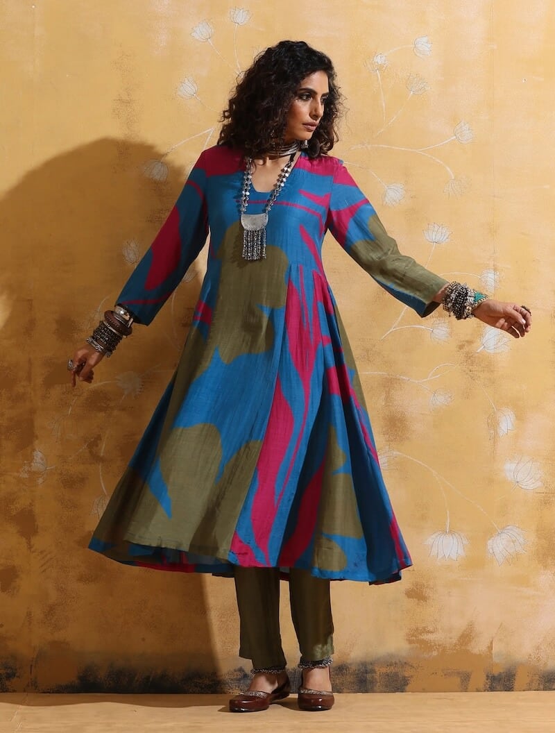 Blue Green Floral Print Muslin Silk Fit and Flare Kurta Set